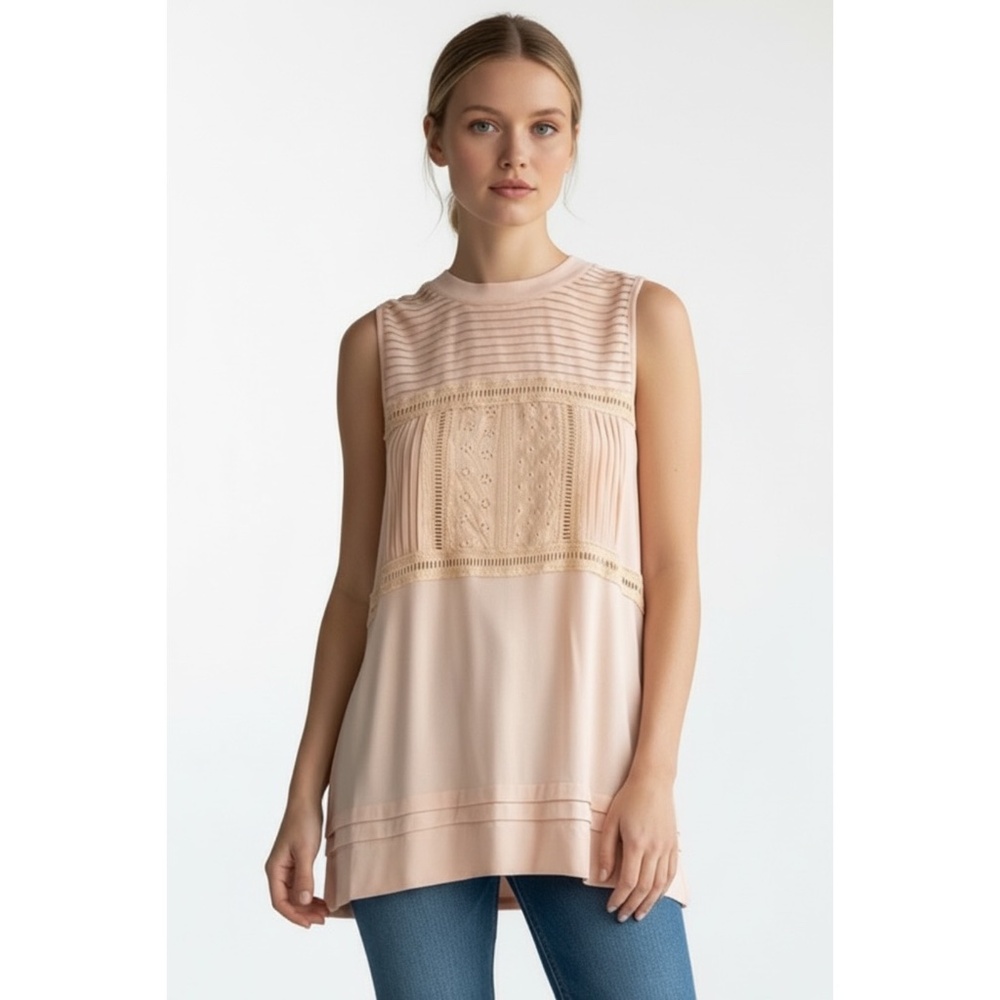 POL Peach Lace Trim Sleeveless Boho Top | Crew Neck  Relaxed Fit Blouse - Picture 6 of 7